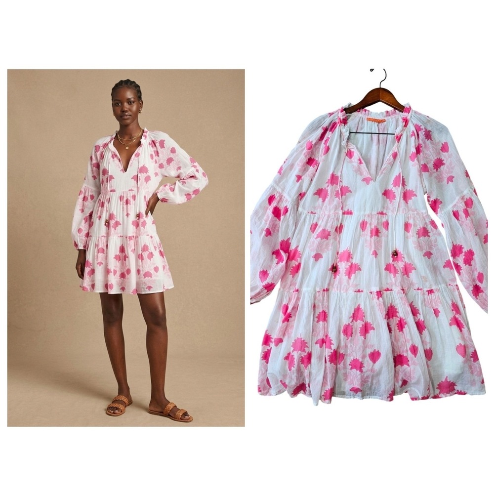 Oliphant Tiered Mini Dress Womens Medium Pink White Floral Cotton Boho Babydoll